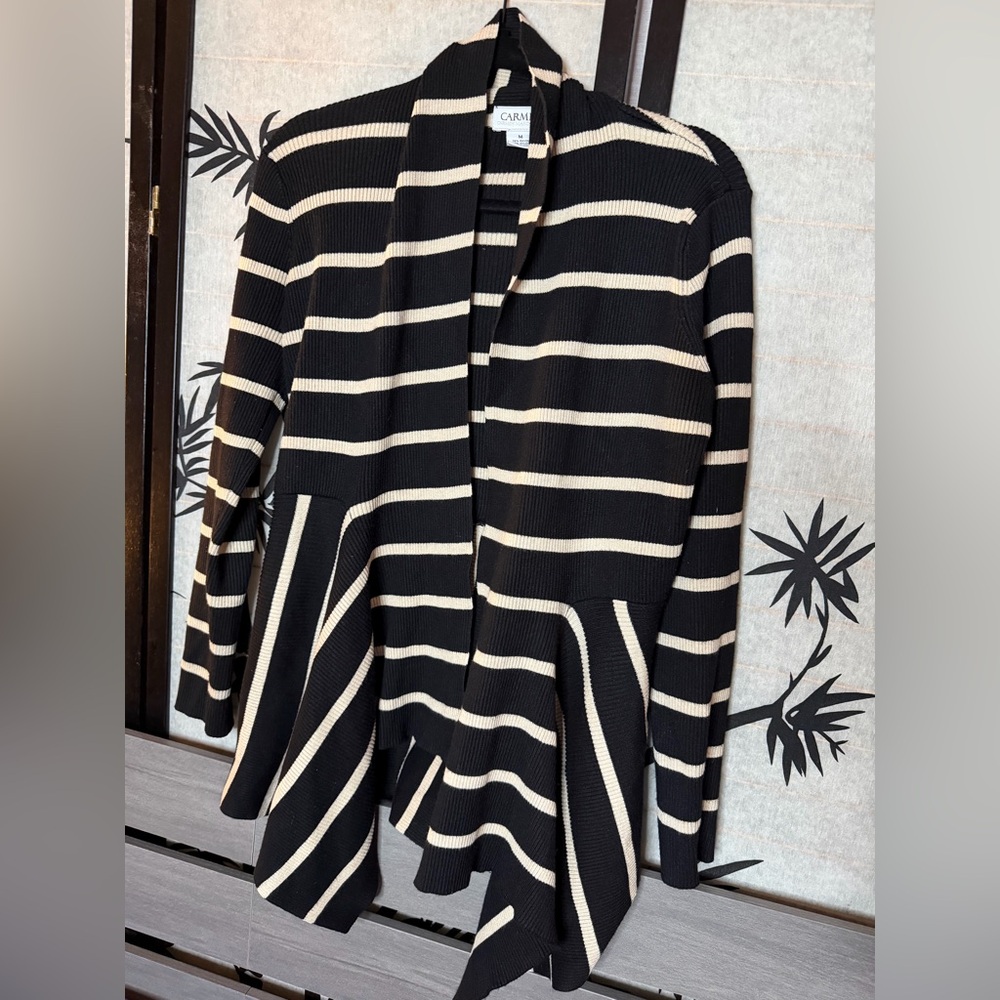 Ribbed Knit Black and Cream Striped Cardigan